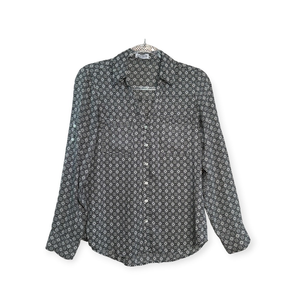 Express The Portofino Shirt Womens Small Black White Geometric Roll Tab Blouse S